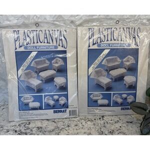 2 Vtg 1990 Bernat Plastic Canvas Doll's Wicker Furniture Set Kit Unopened Barbie